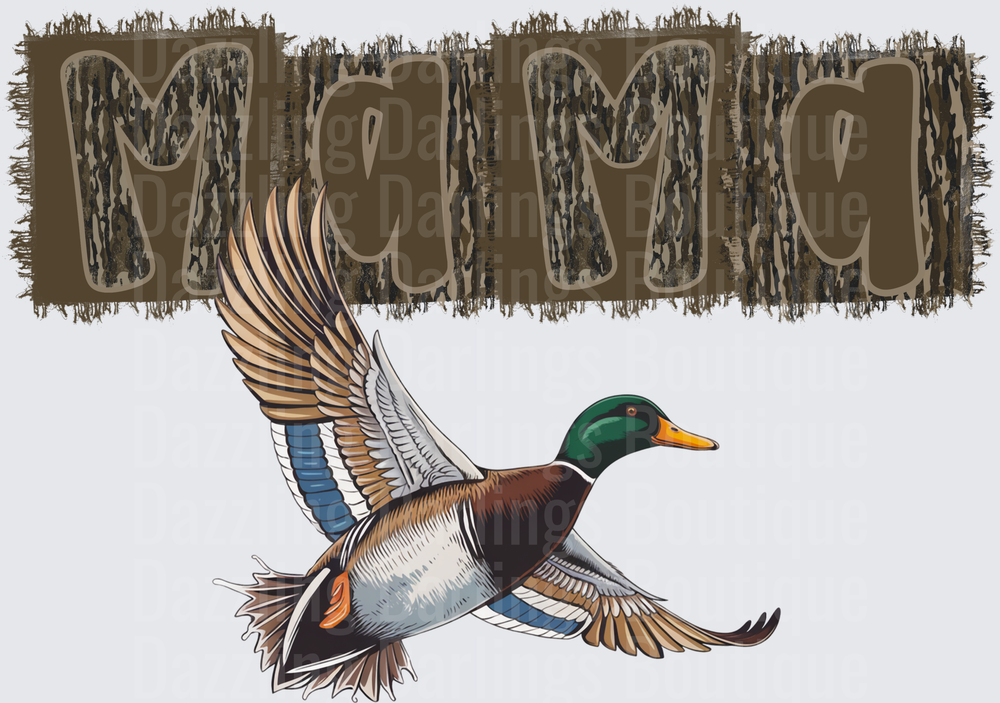 Mama Mallard Duck with Camouflage Text and Flying Drake