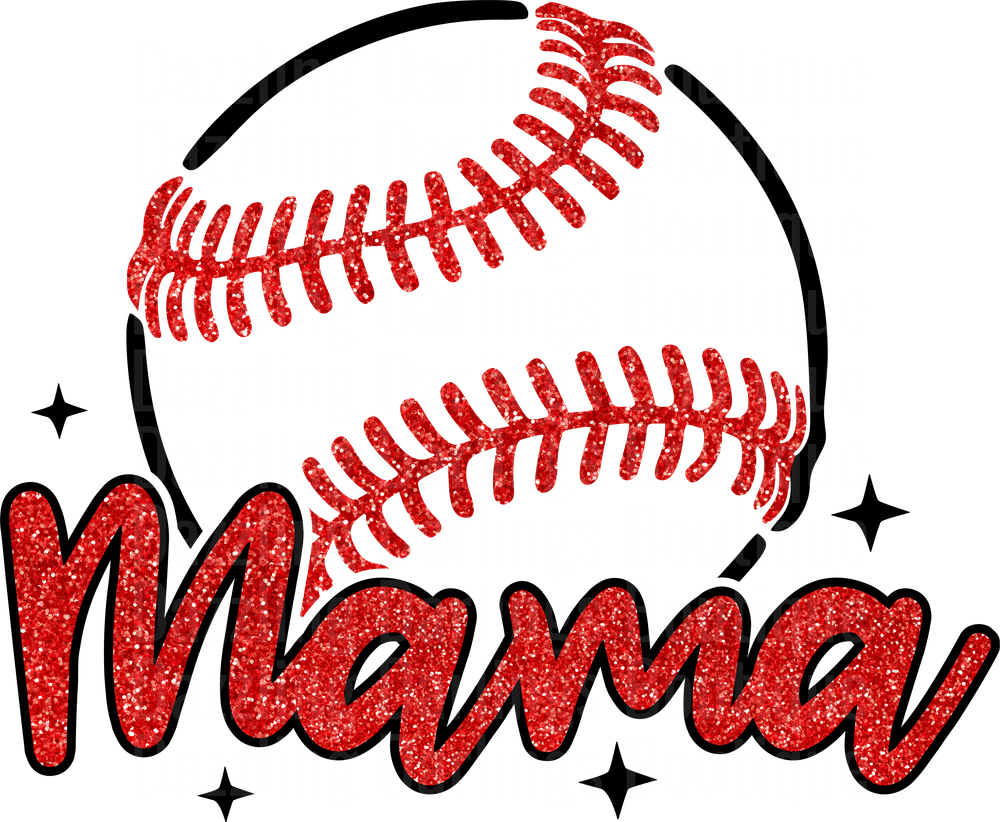 Baseball Mama Red Glitter Text with Sparkle Stars