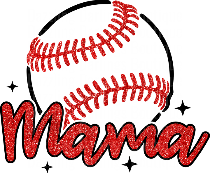 Baseball Mama Red Glitter Text with Sparkle Stars