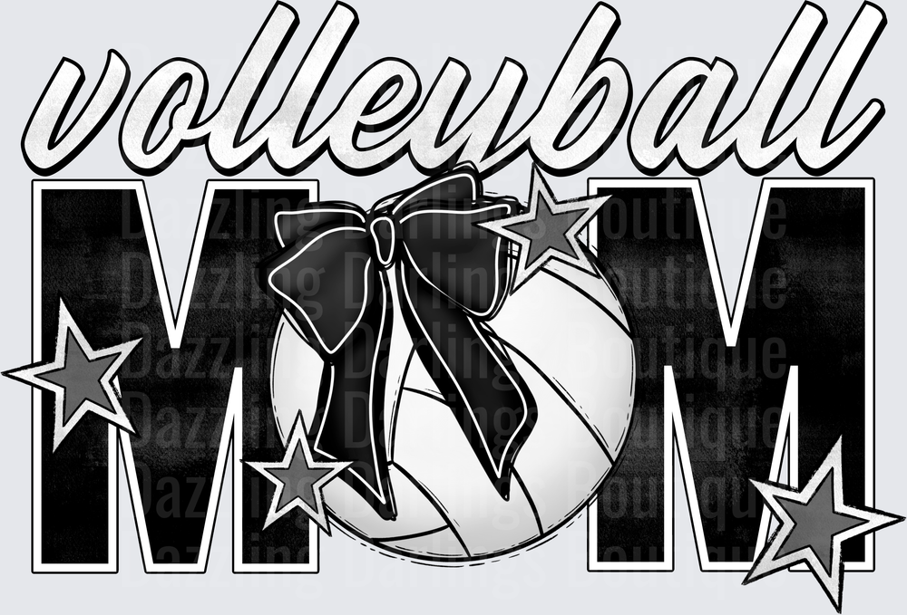 Volleyball MOM with Bow and Stars Black and White Design