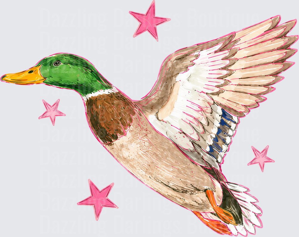 Flying Mallard Duck with Pink Stars Watercolor Art