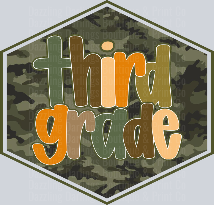 Third Grade Camo Hexagon Badge Orange Green Letters