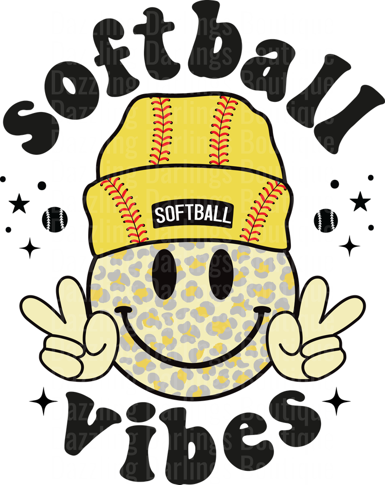 Softball Vibes Smiley Face with Peace Signs and Beanie