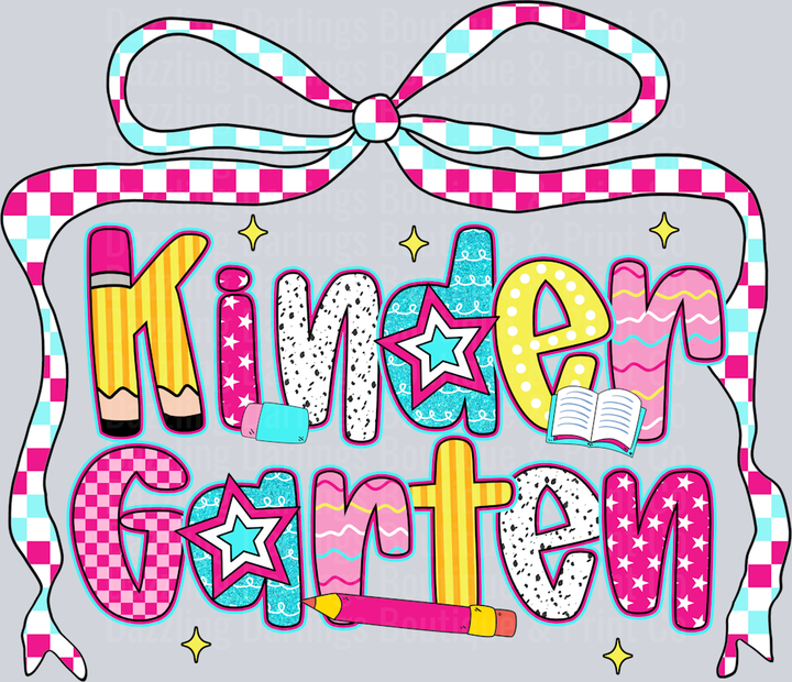 Back To School Kindergarten Checkered Ribbon Bow Patterned Letters