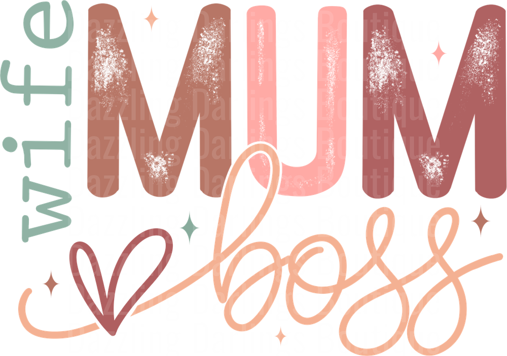 Mum Boss Typography with Sparkles and Hearts