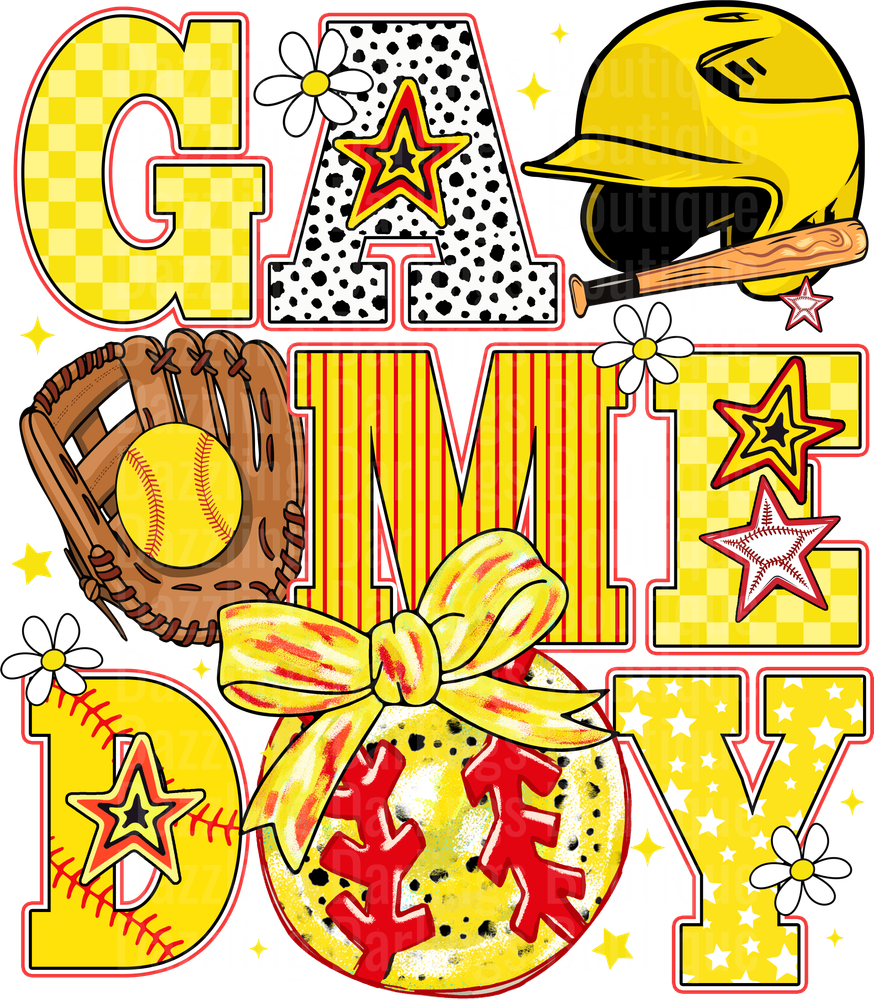 Game Day Baseball Typography with Helmet Glove and Bow Design