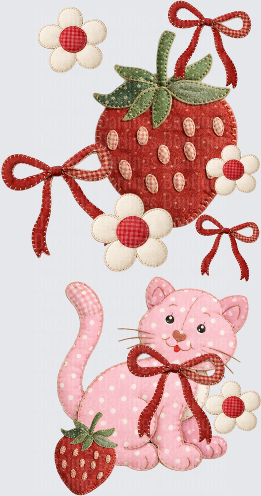 Kawaii Pink Cat with Strawberries and Gingham Bows Applique