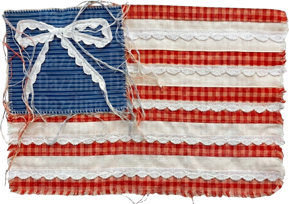 Shabby Chic American Flag with Lace Bow and Gingham Stripes