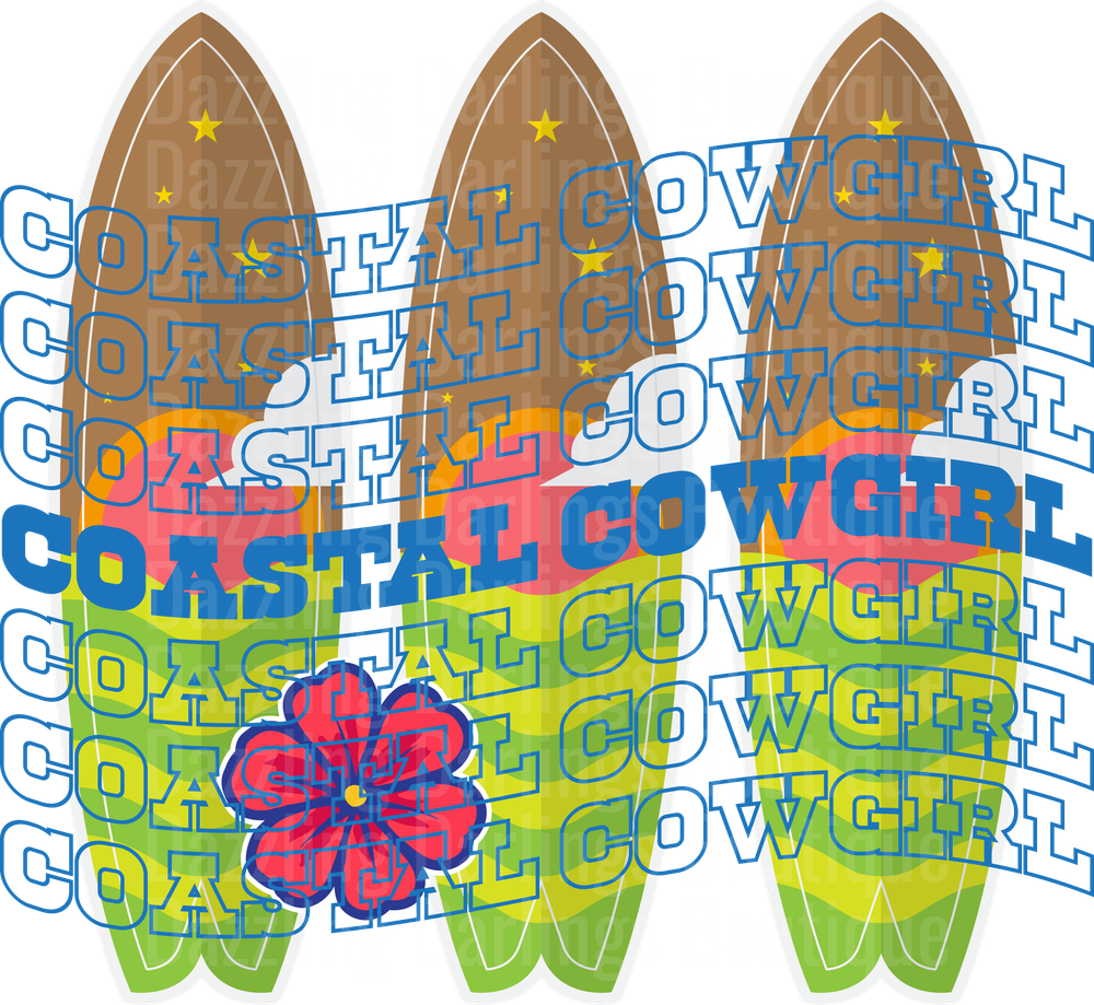 Coastal Cowgirl Surfboard Design with Red Hibiscus Flower