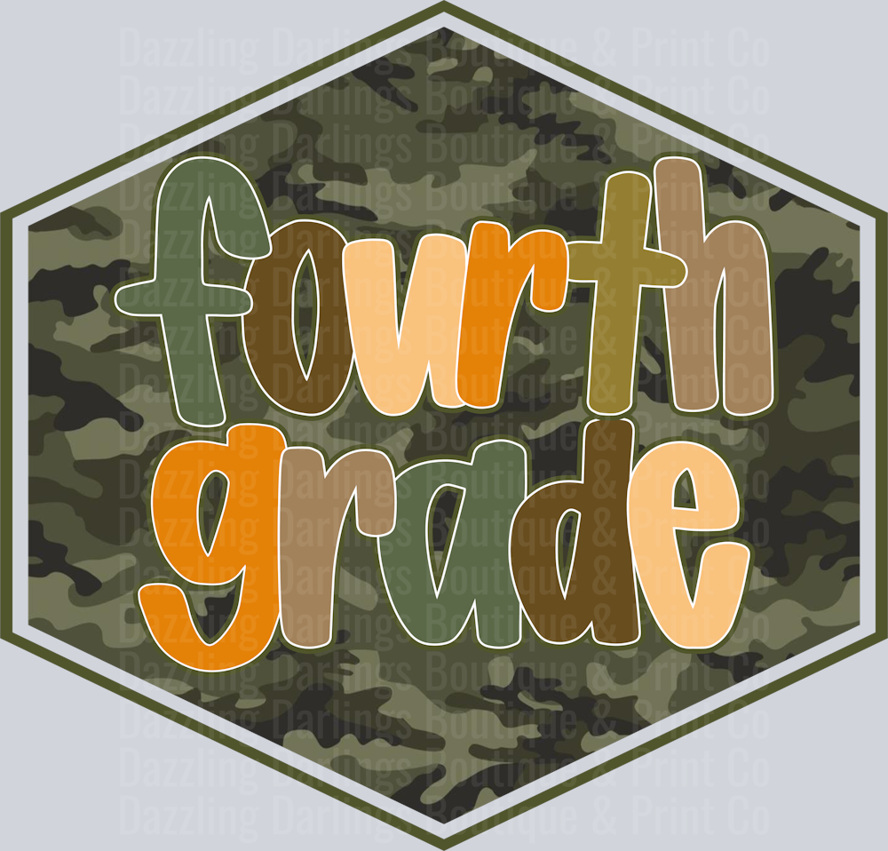 Fourth Grade Camo Hexagon Badge Orange Green Letters