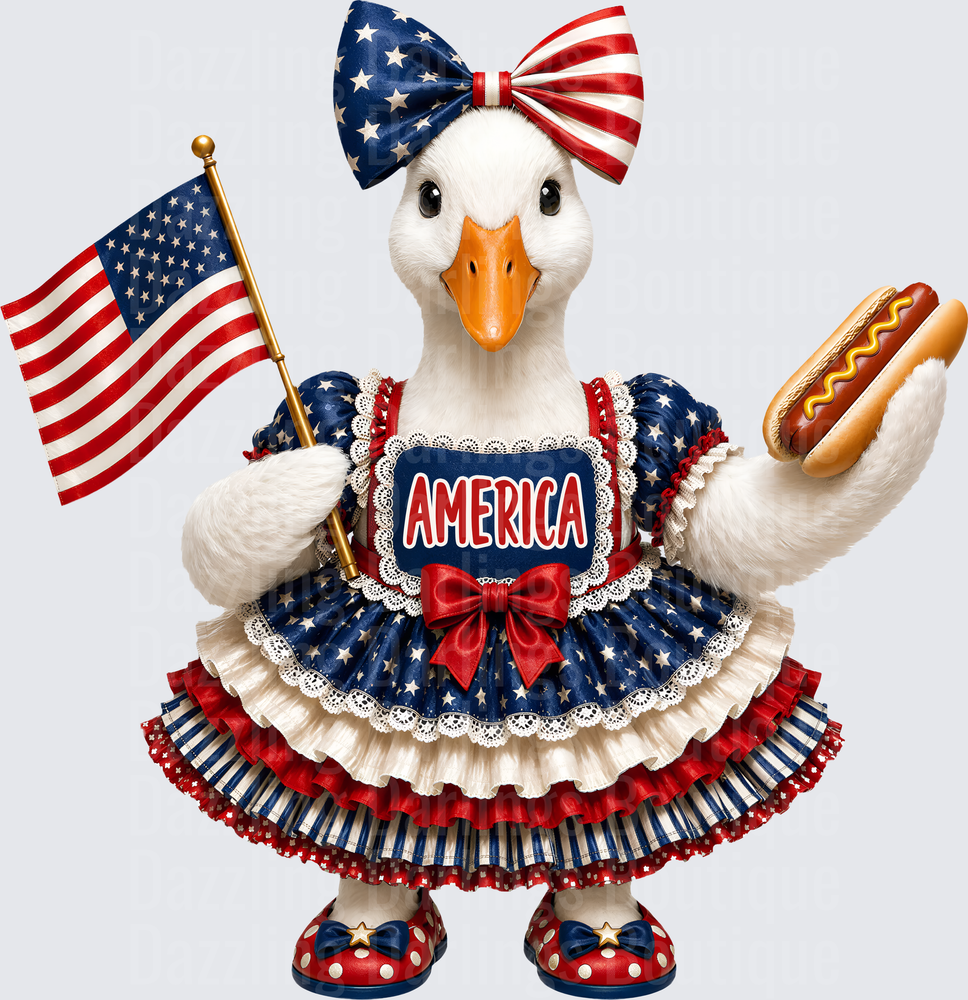 Patriotic Duck in American Flag Dress Holding Hotdog and Flag