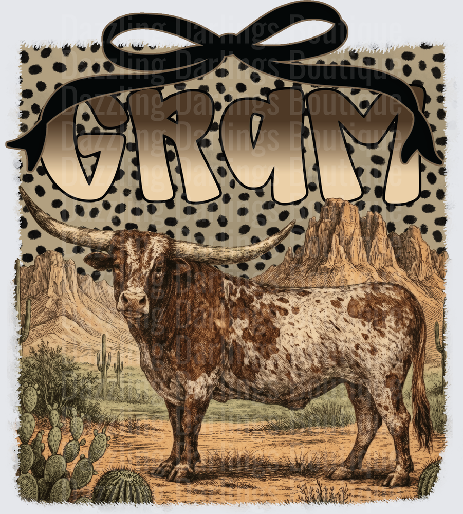 Western Longhorn Bull GRAM Cheetah Print Bow Desert Scene
