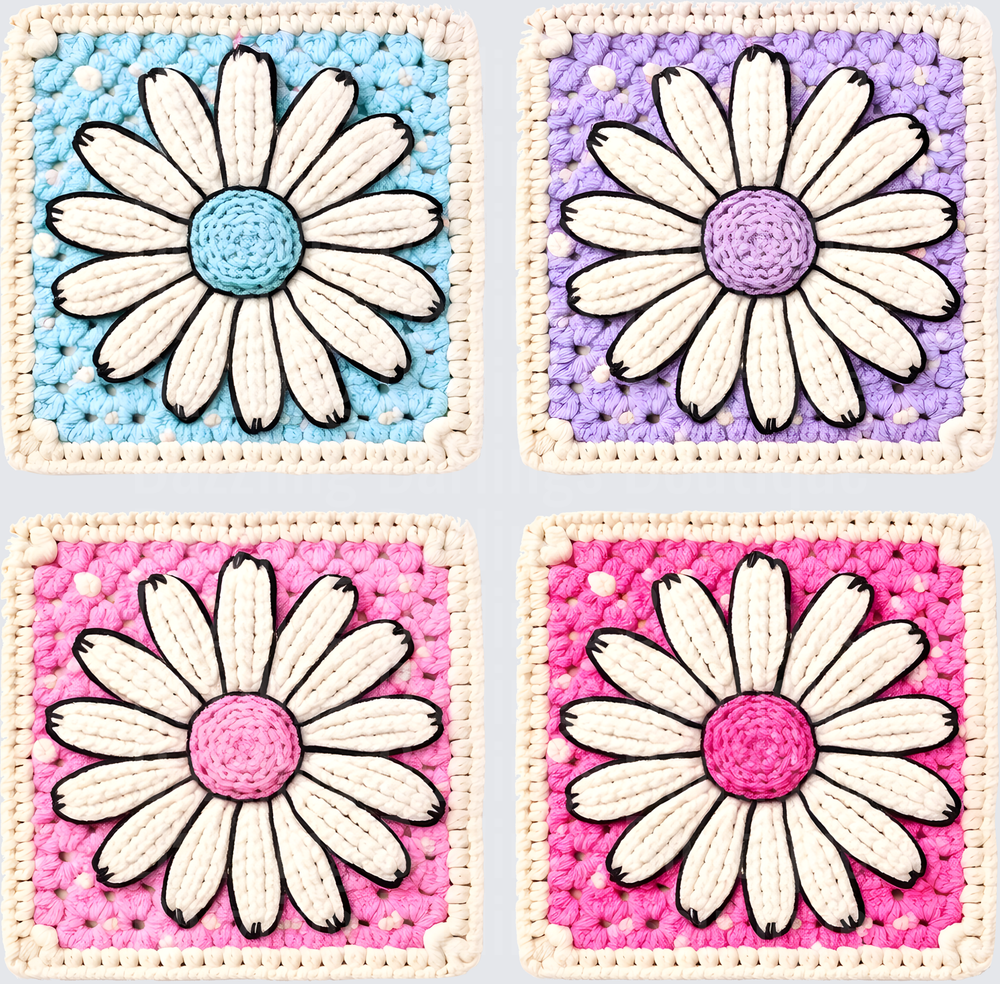 Crochet Granny Square Daisy Flowers in Pastel Colors