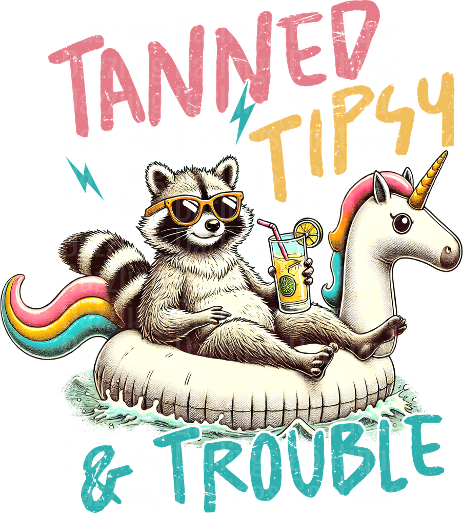 Tanned Tipsy and Trouble Raccoon and Unicorn Pool Float Summer Design