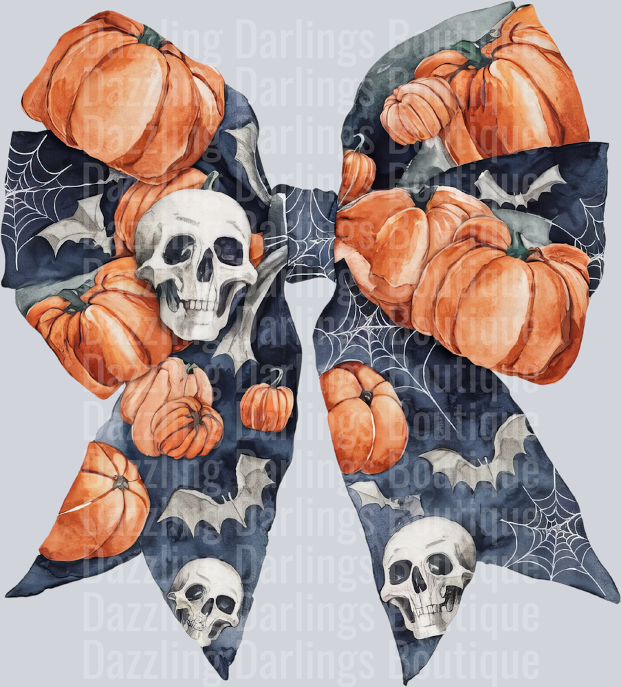 Halloween Fall Coquette Bow Dark Gray Pumpkins Bats Skull