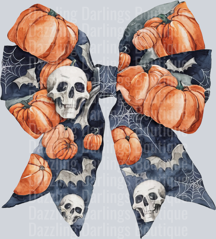 Halloween Fall Coquette Bow Dark Gray Pumpkins Bats Skull