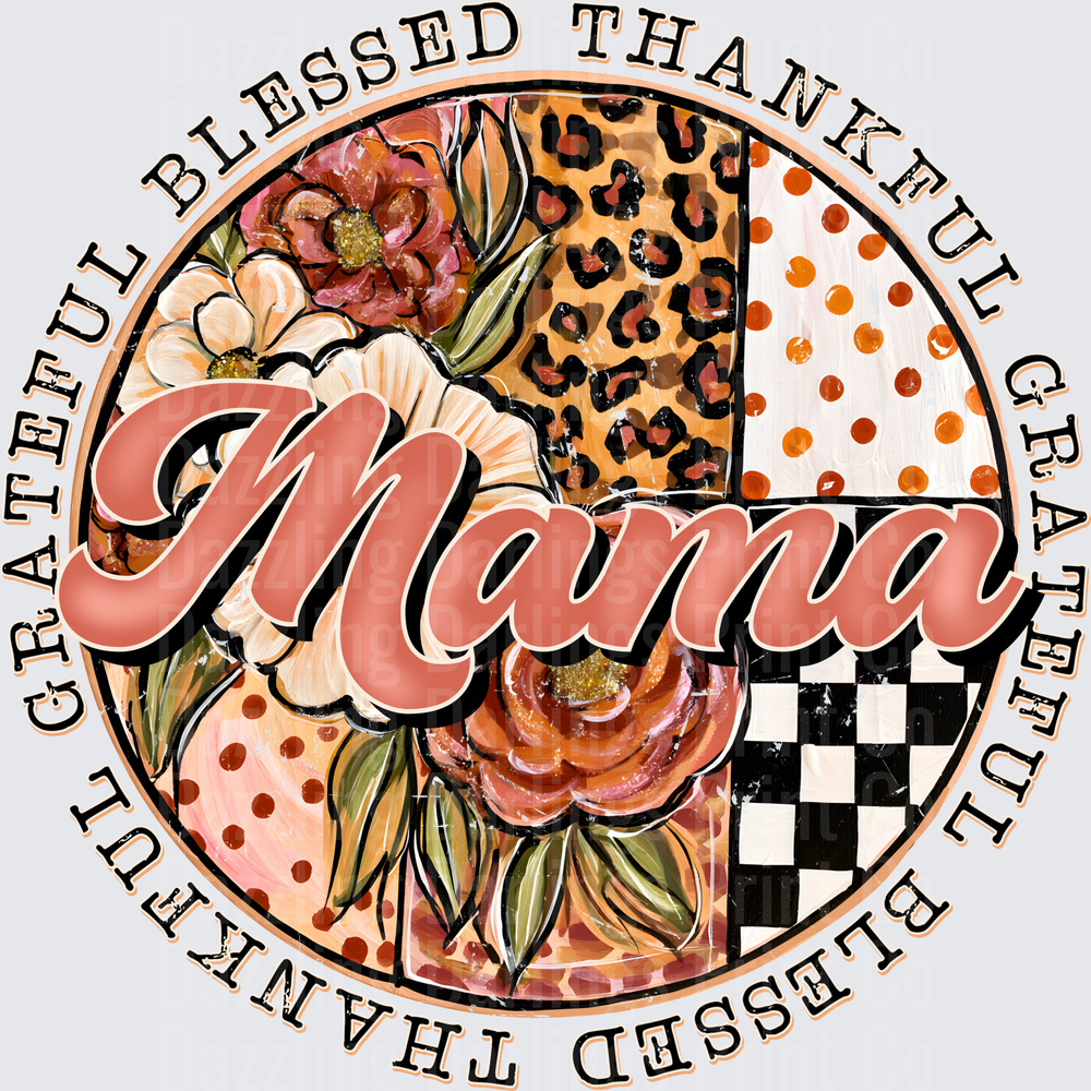 Mama Grateful Blessed Thankful Floral Leopard Checker Circle