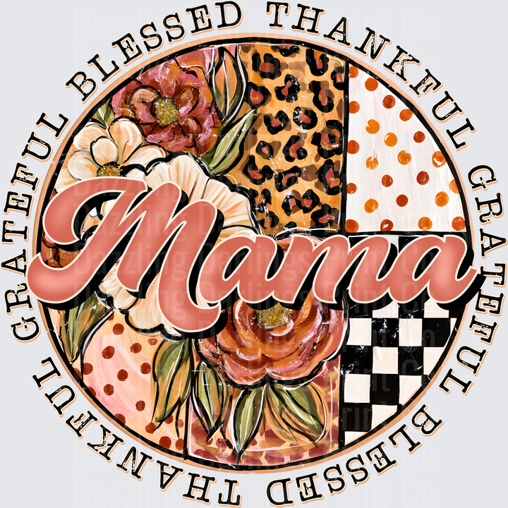 Mama Grateful Blessed Thankful Floral Leopard Checker Circle