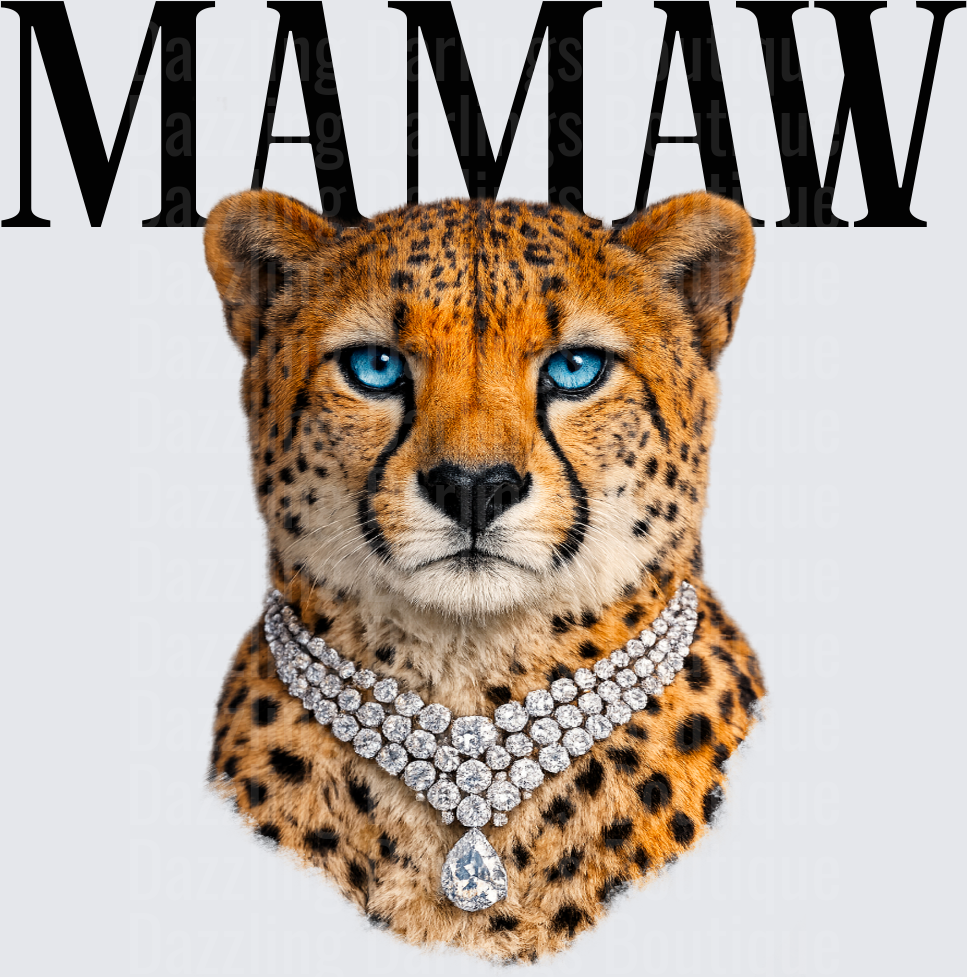 MAMAW Cheetah with Blue Eyes and Diamond Necklace