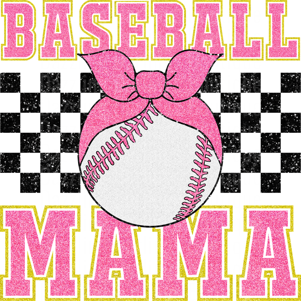 Baseball Mama Pink Glitter Bow Checkered Background Design
