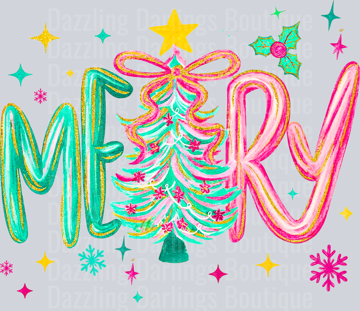 Merry Pastel Christmas Tree Glitter Letters
