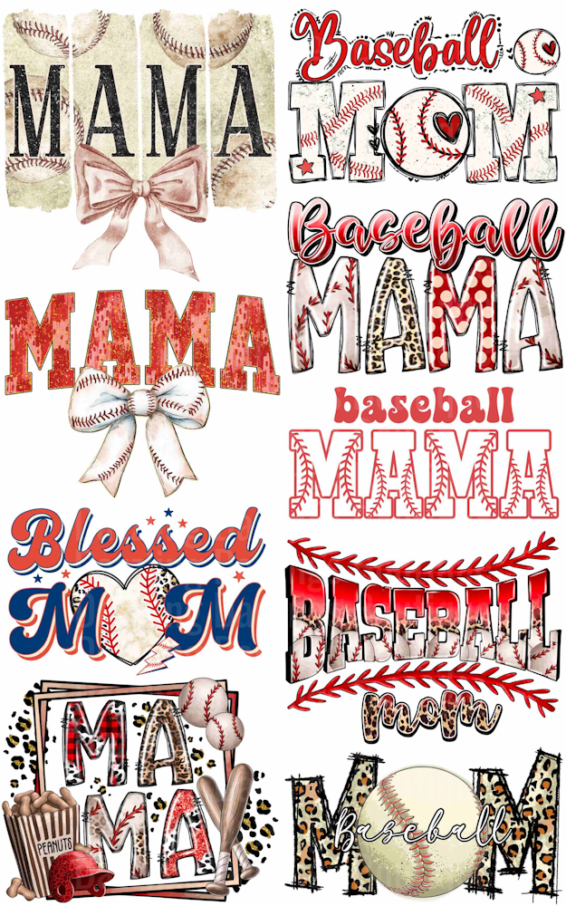 BASEBALL MAMA PREMADE GANG SHEET SIZE 22.5" X 36"