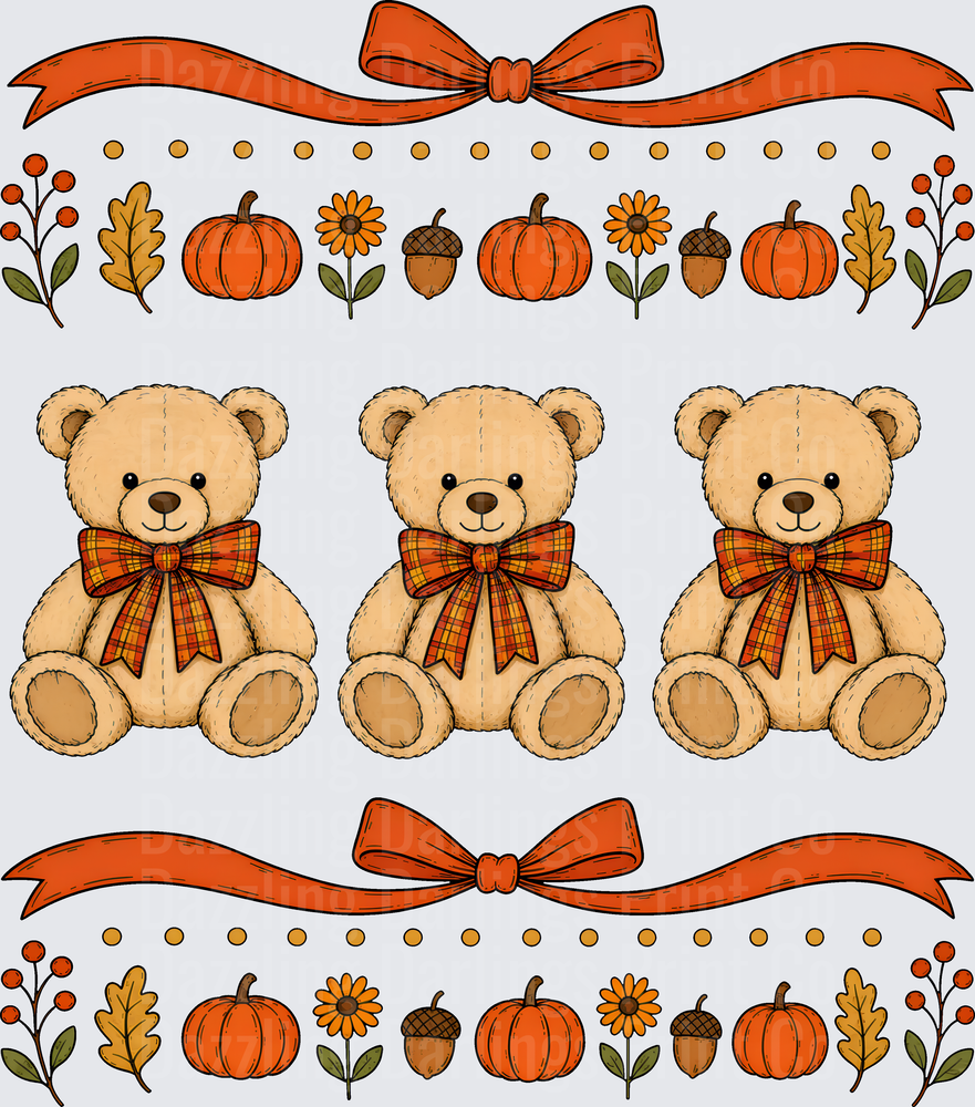 Three Fall Teddy Bears Plaid Bows Pumpkins Autumn Border