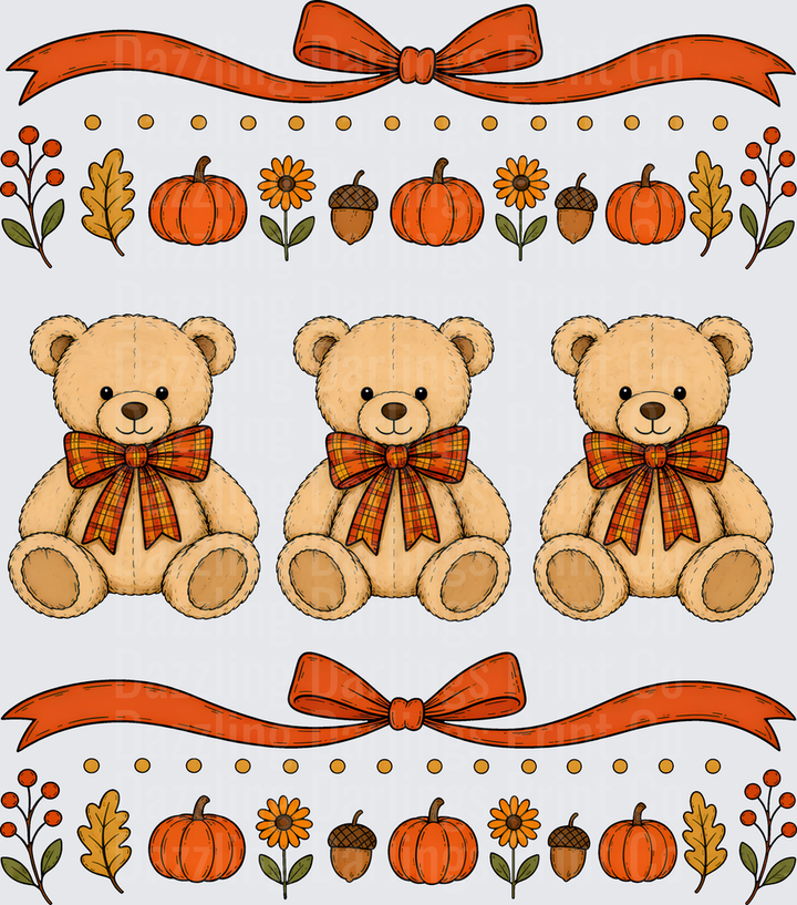 Three Fall Teddy Bears Plaid Bows Pumpkins Autumn Border