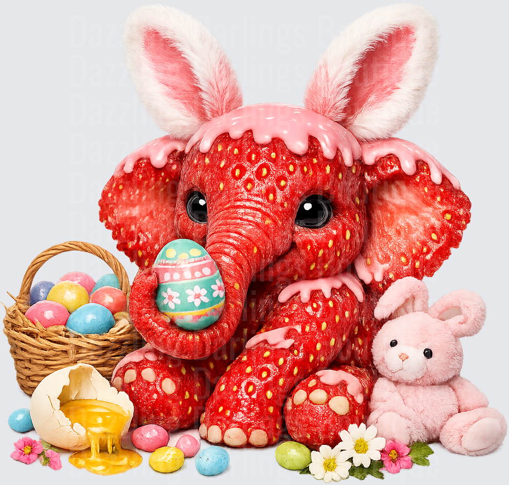 Strawberry Easter Bunny Elephant with Eggs and Basket