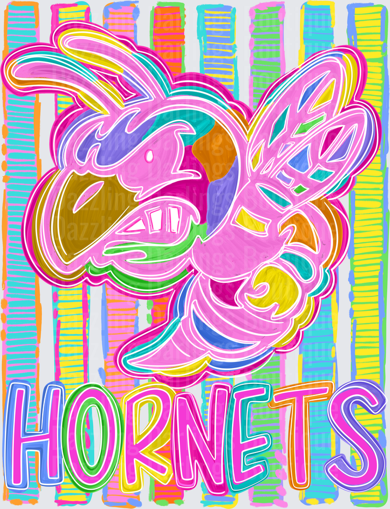 Colorful Hornets Mascot Lisa Frank Style Vibrant Stripes