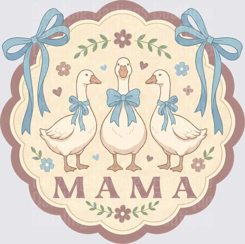Vintage Mama Goose Family with Blue Bows and Floral Frame