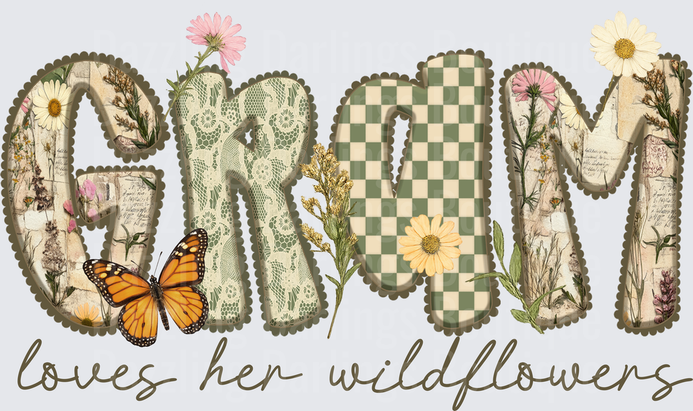 Grandma Loves Her Wildflowers with Monarch Butterfly Vintage Floral