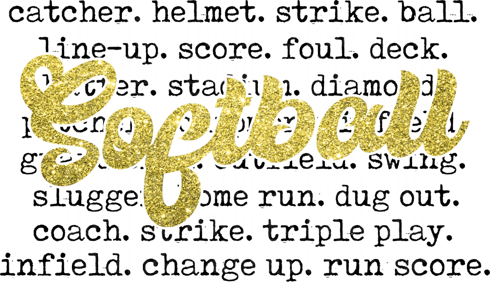 Softball Typography Design with Gold Glitter Script Text