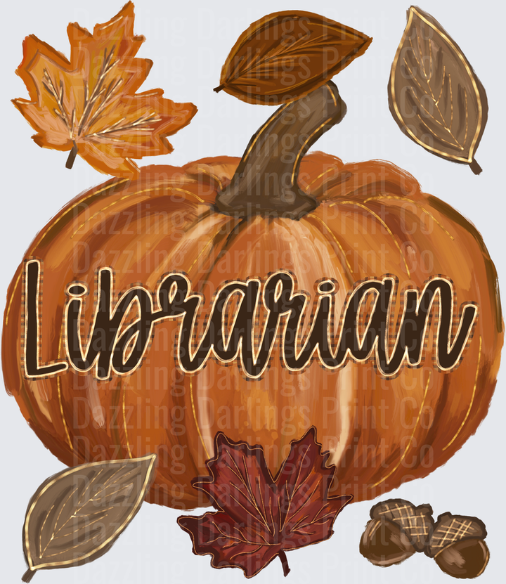 Fall Pumpkin Librarian Script with Autumn Leaves and Acorns