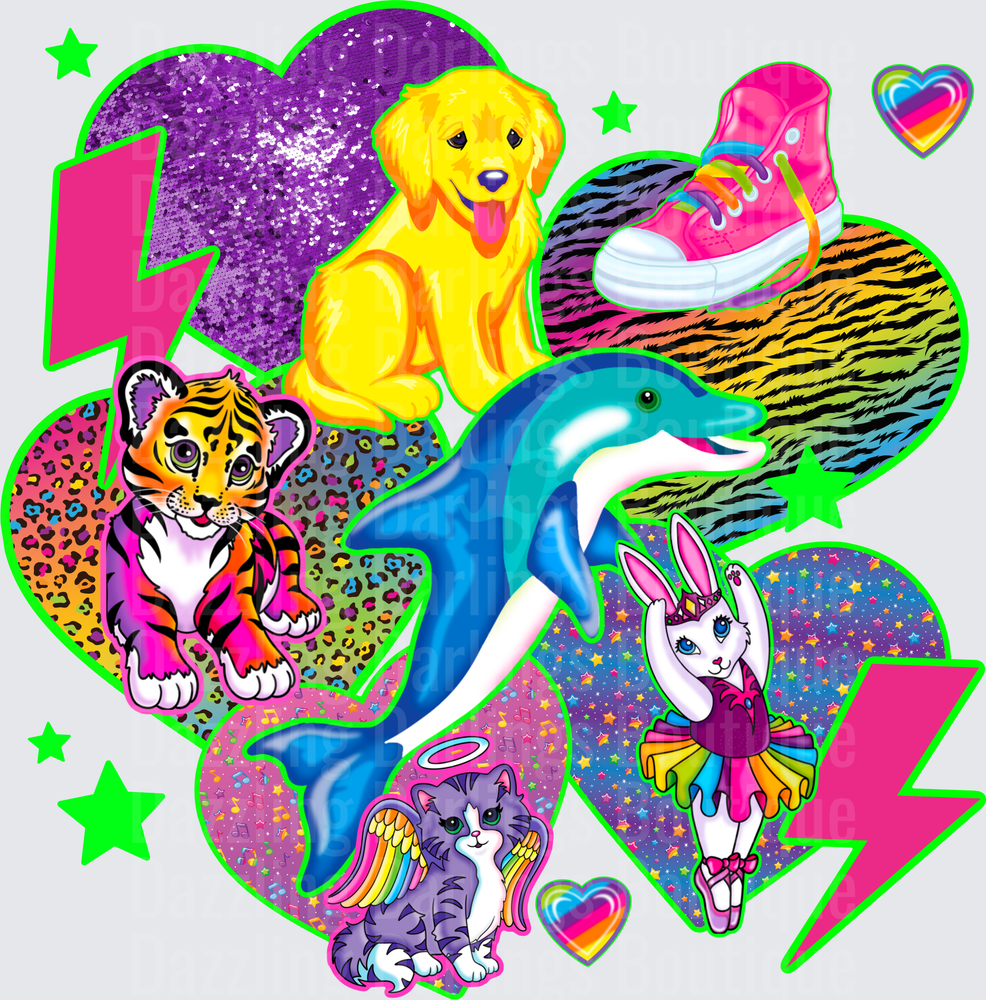 80s Retro Lisa Frank Style Animals with Neon Hearts and Stars