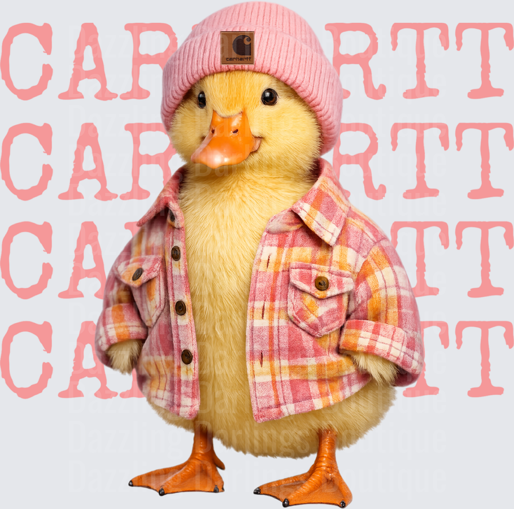 Duckling in Pink Carhartt Beanie and Plaid Flannel Shirt