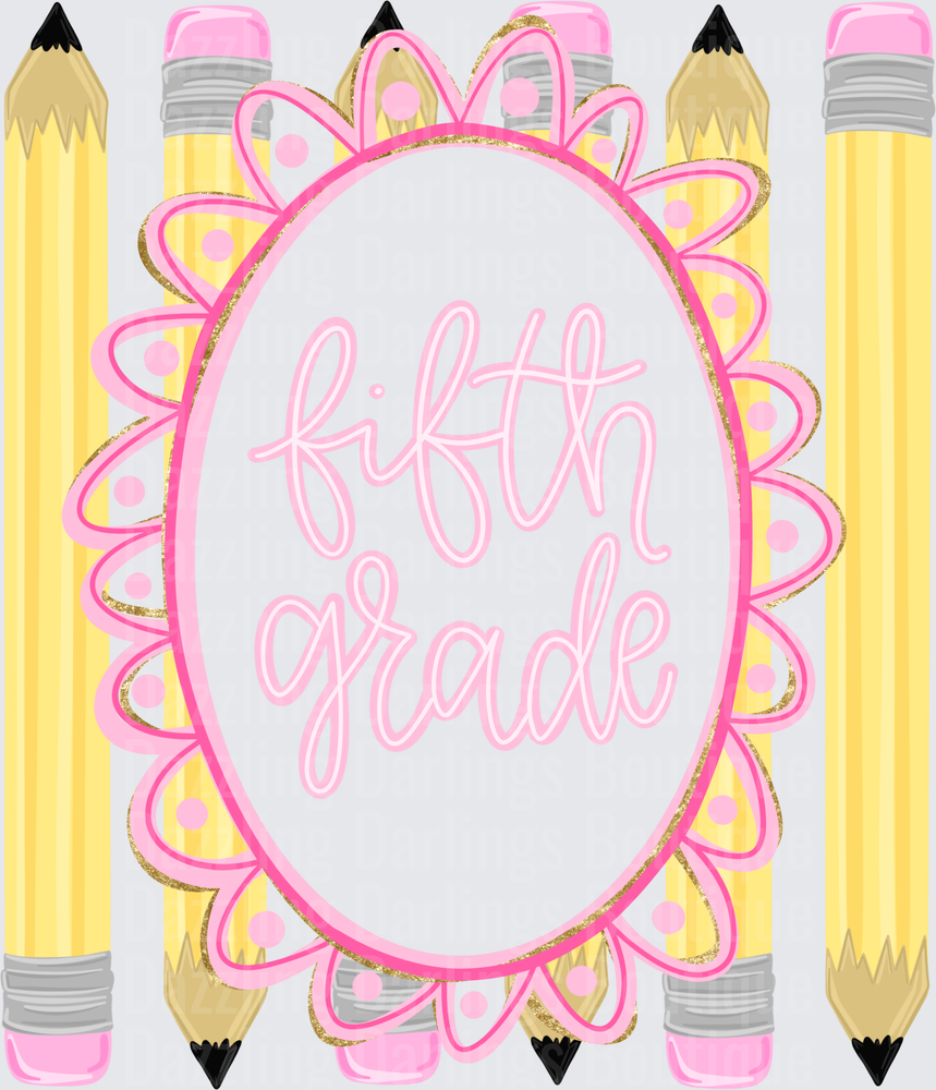 Fifth Grade Pink Floral Frame with Yellow Pencils