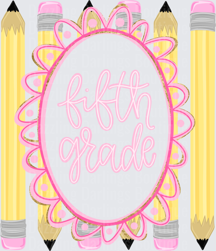 Fifth Grade Pink Floral Frame with Yellow Pencils