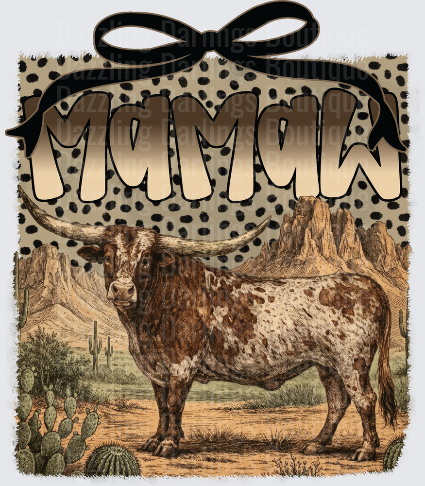 Mama Longhorn Cow Desert Scene with Leopard Print Bow