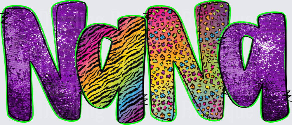 Colorful Nana Text with Rainbow Zebra Print and Leopard Pattern