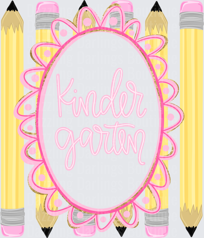 Kindergarten Pink Floral Oval Frame with Yellow Pencils