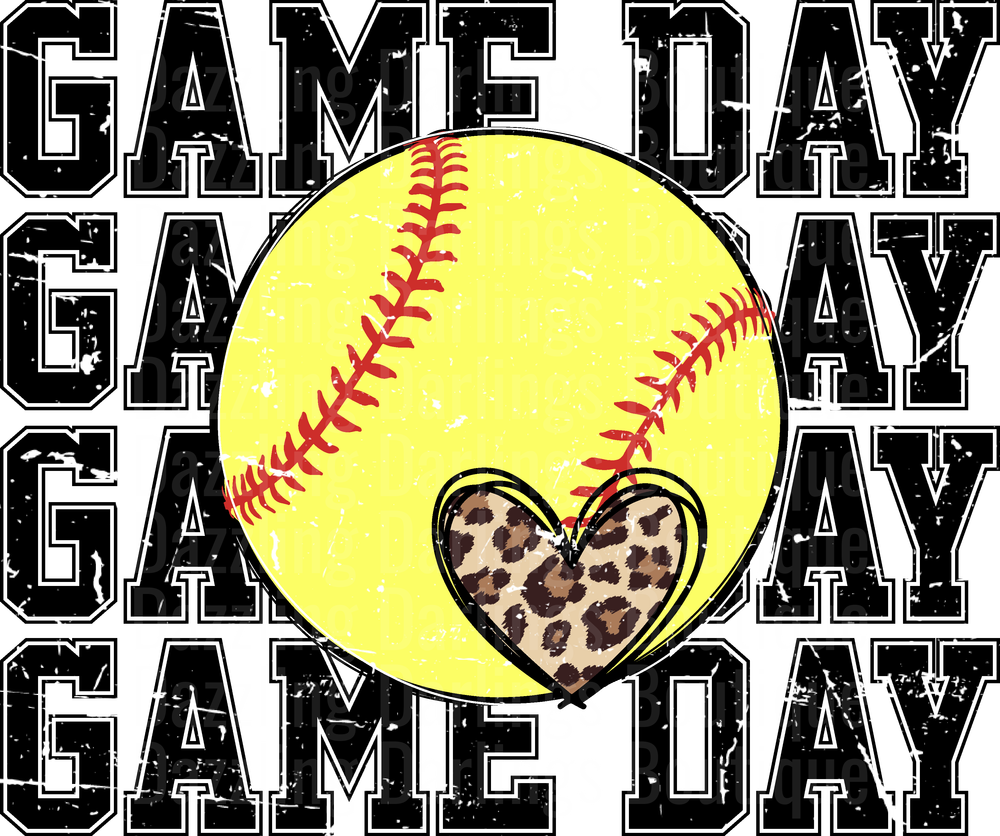 Game Day Softball with Leopard Print Heart Design