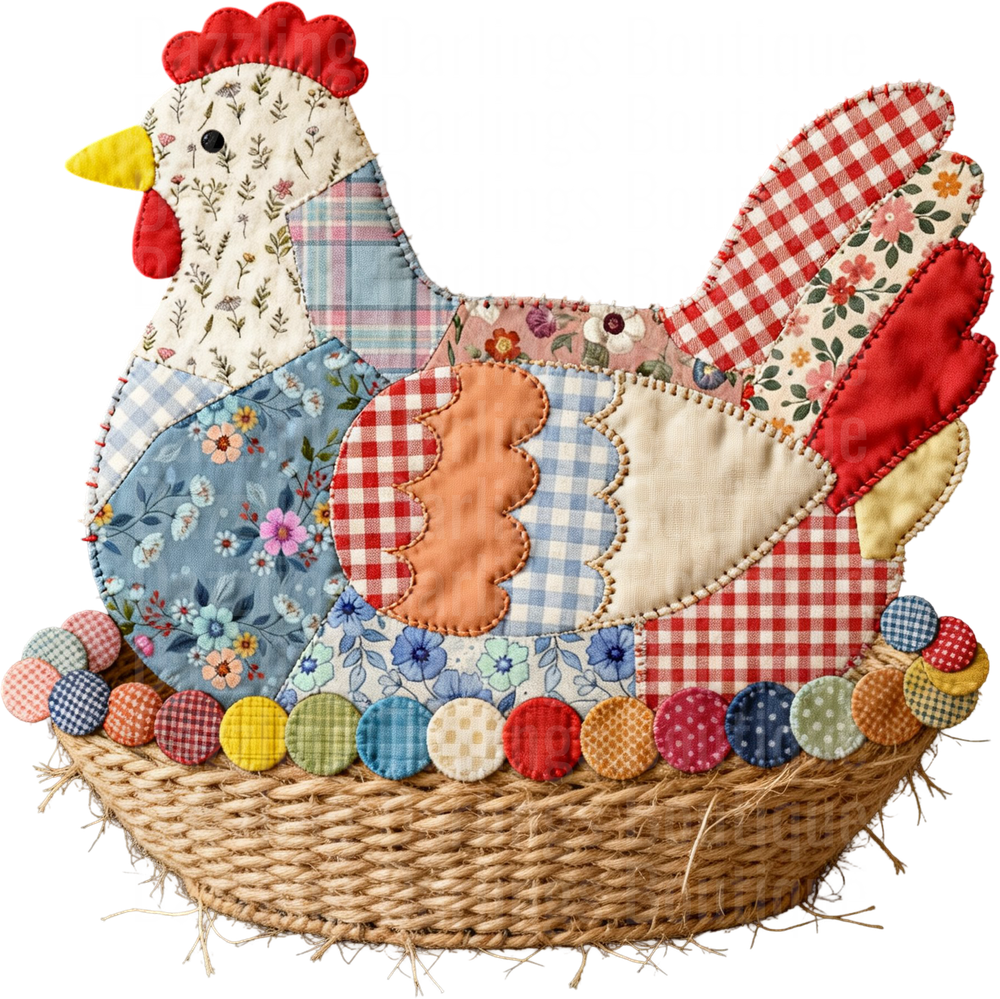 Patchwork Rooster in Wicker Basket with Colorful Fabric Circles