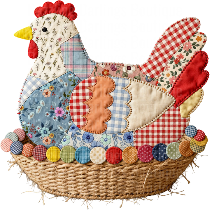 Patchwork Rooster in Wicker Basket with Colorful Fabric Circles