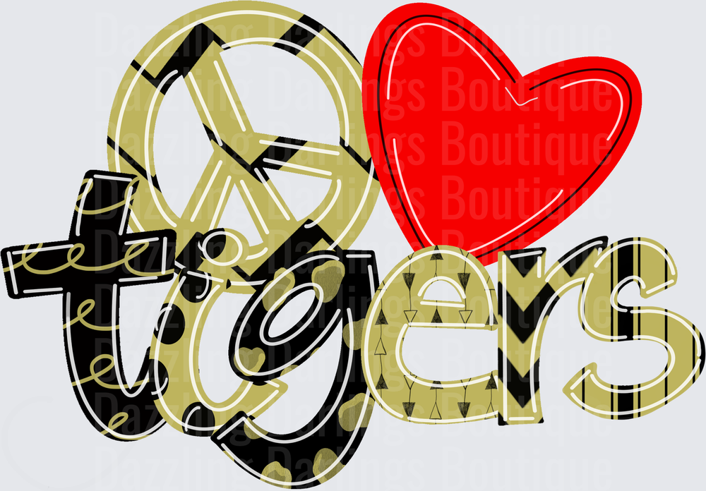 Peace Love Tigers Gold Black Red School Spirit Design