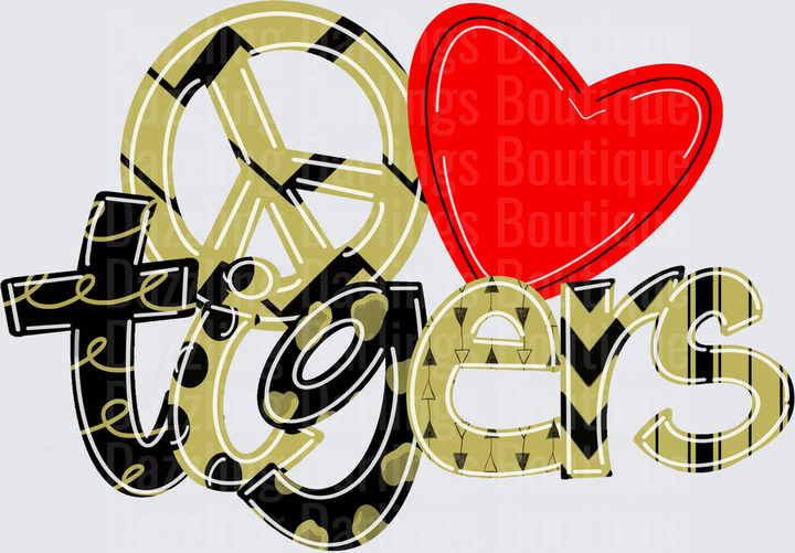 Peace Love Tigers Gold Black Red School Spirit Design