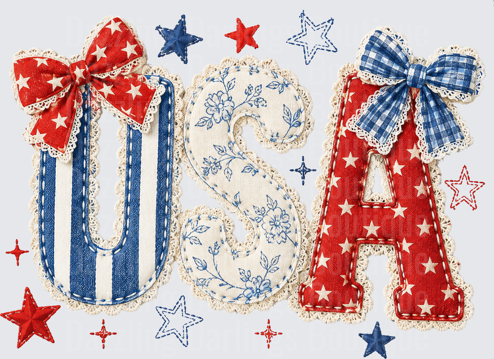 Patriotic USA Letters Fabric Applique Bows Stars Red White Blue