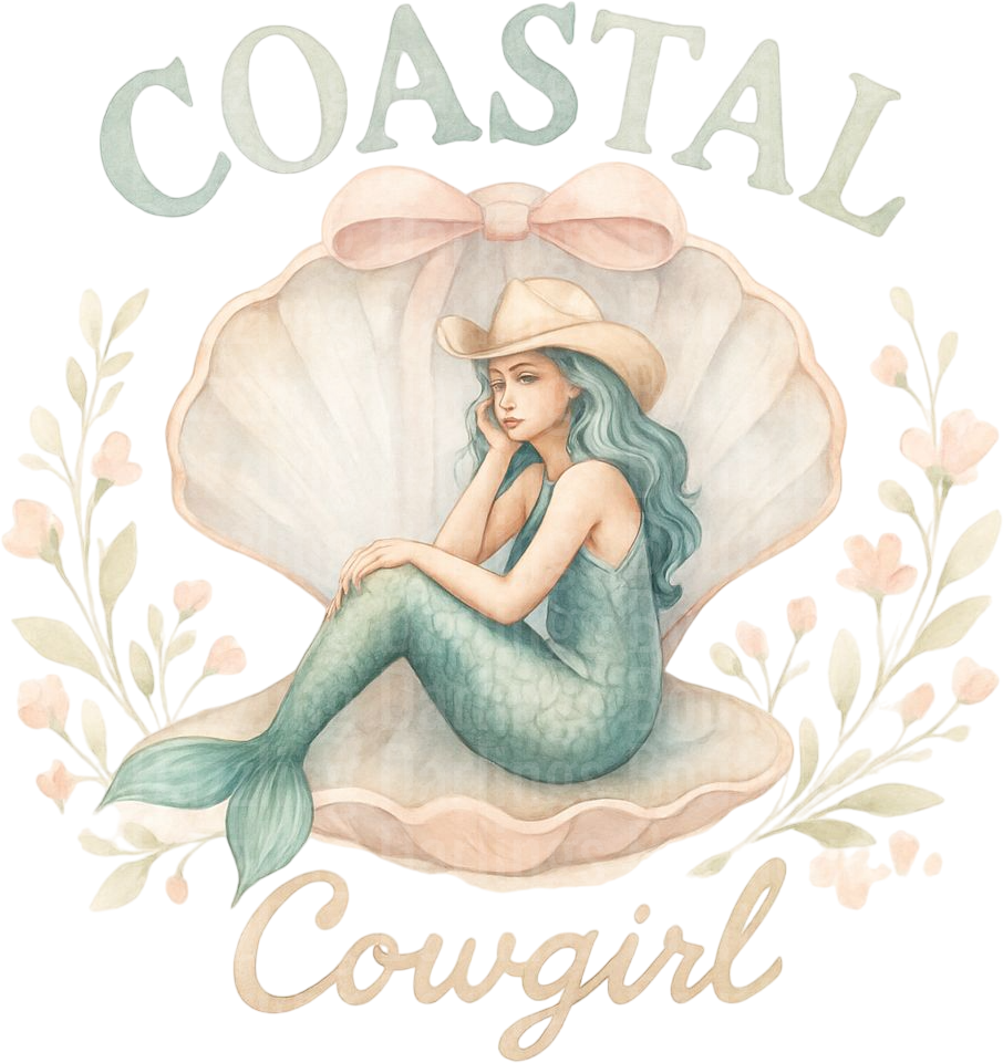Coastal Cowgirl Mermaid in Seashell with Hat and Florals