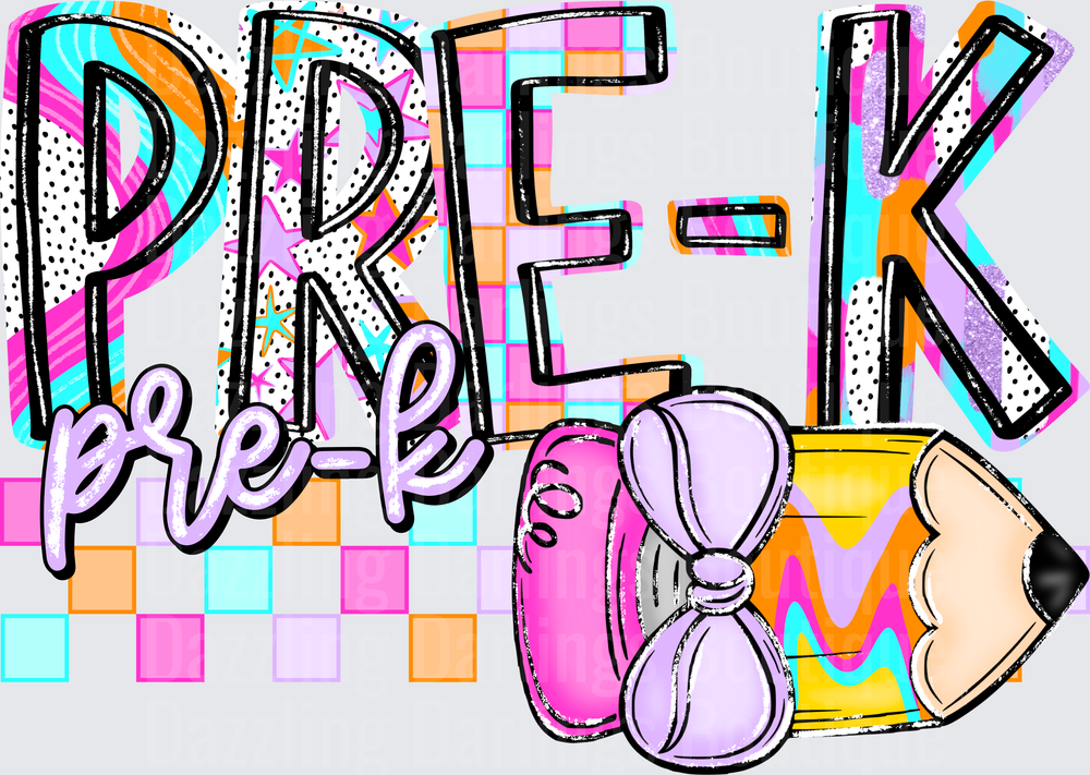 Pre-K Bold Retro Checkered Letters with Pencil and Bow