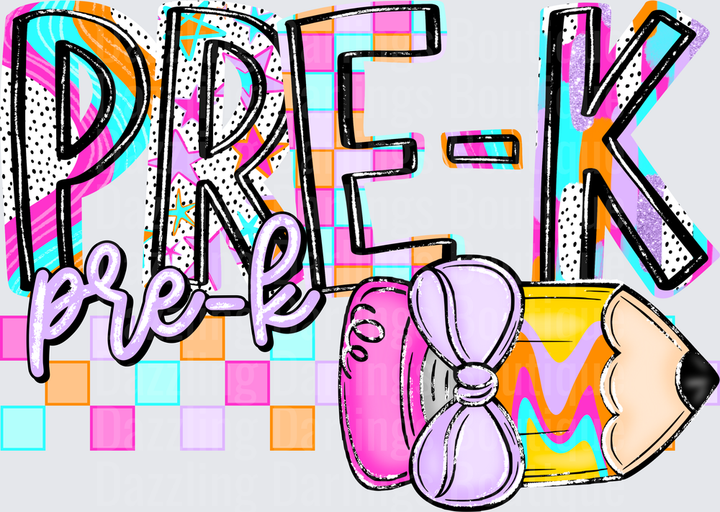 Pre-K Bold Retro Checkered Letters with Pencil and Bow